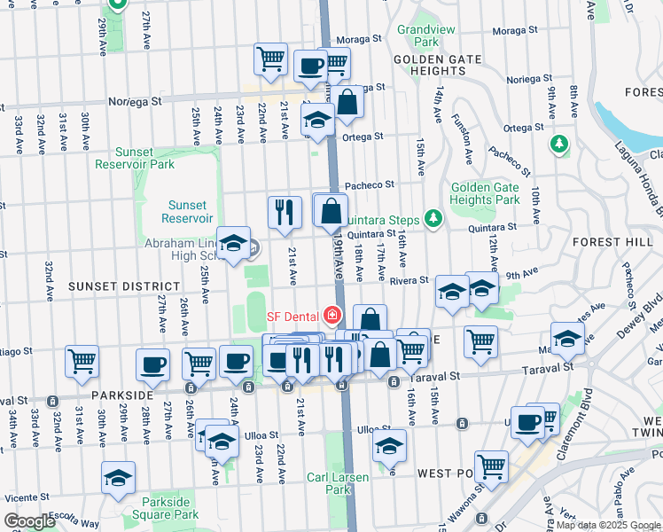 map of restaurants, bars, coffee shops, grocery stores, and more near 2163 19th Avenue in San Francisco