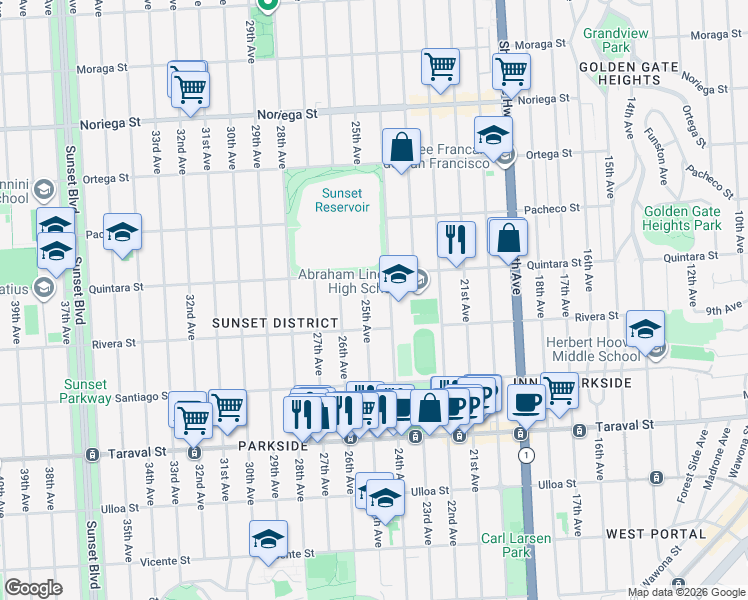 map of restaurants, bars, coffee shops, grocery stores, and more near 2147 25th Avenue in San Francisco