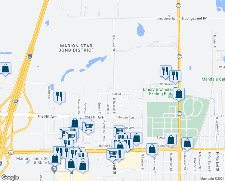 map of restaurants, bars, coffee shops, grocery stores, and more near 1701 Cash Street in Marion
