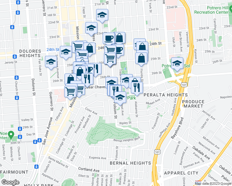 map of restaurants, bars, coffee shops, grocery stores, and more near 3159 Folsom Street in San Francisco