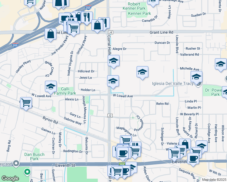 map of restaurants, bars, coffee shops, grocery stores, and more near 1975 West Lowell Avenue in Tracy