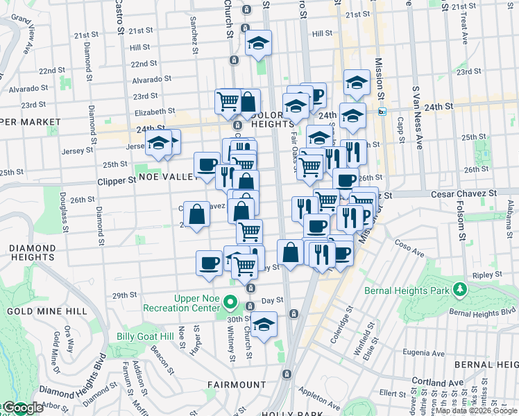 map of restaurants, bars, coffee shops, grocery stores, and more near 3821 Cesar Chavez in San Francisco