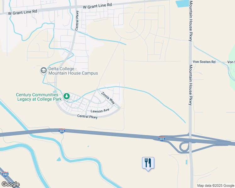 map of restaurants, bars, coffee shops, grocery stores, and more near Forsythia Way in Tracy