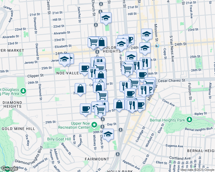 map of restaurants, bars, coffee shops, grocery stores, and more near 3821 Cesar Chavez in San Francisco