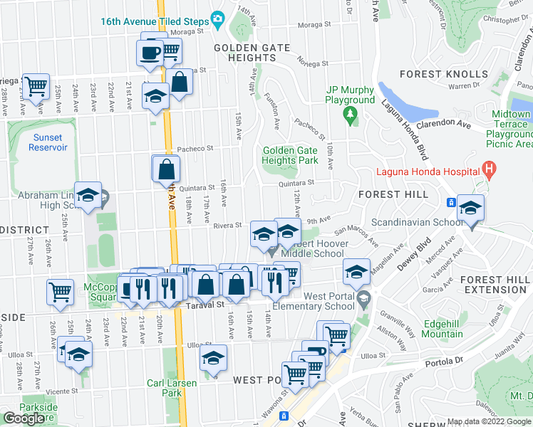 map of restaurants, bars, coffee shops, grocery stores, and more near 2174 14th Avenue in San Francisco