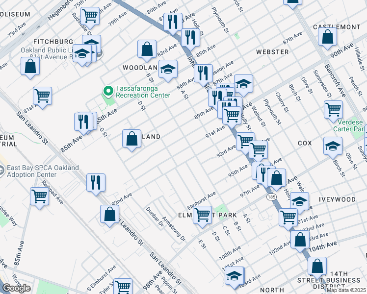 map of restaurants, bars, coffee shops, grocery stores, and more near 1155 91st Avenue in Oakland