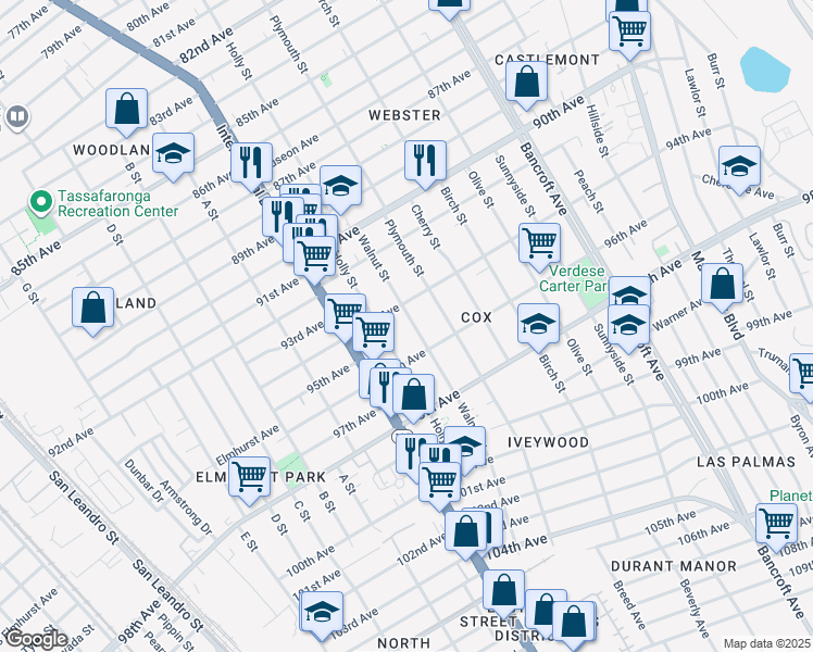 map of restaurants, bars, coffee shops, grocery stores, and more near 9427 Walnut Street in Oakland