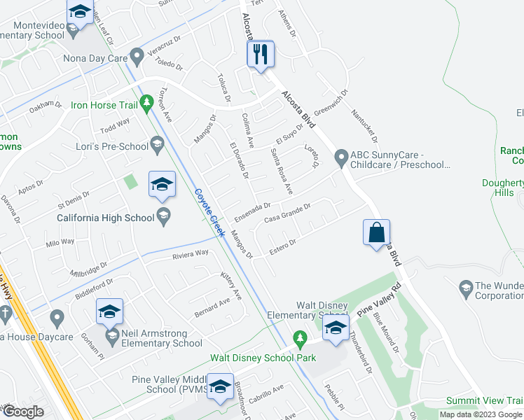 map of restaurants, bars, coffee shops, grocery stores, and more near 3242 Ensenada Drive in San Ramon