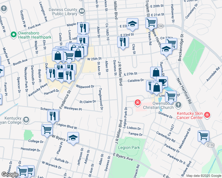map of restaurants, bars, coffee shops, grocery stores, and more near 2801 Allen St in Owensboro