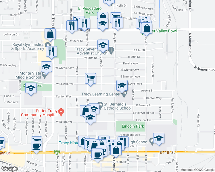 map of restaurants, bars, coffee shops, grocery stores, and more near 42 West Lowell Avenue in Tracy