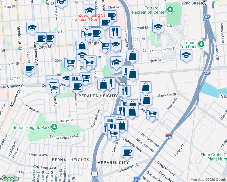 map of restaurants, bars, coffee shops, grocery stores, and more near 28 Montcalm Street in San Francisco