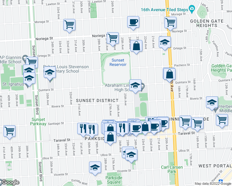 map of restaurants, bars, coffee shops, grocery stores, and more near 2139 26th Avenue in San Francisco