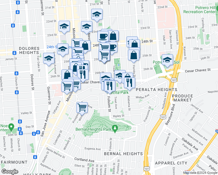 map of restaurants, bars, coffee shops, grocery stores, and more near 3147 Folsom Street in San Francisco