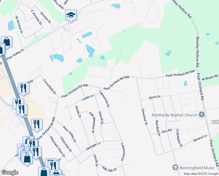 map of restaurants, bars, coffee shops, grocery stores, and more near 505 Pear Orchard Rd NW in Elizabethtown