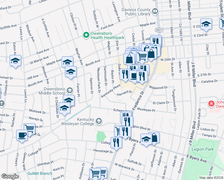 map of restaurants, bars, coffee shops, grocery stores, and more near 812 Kentucky Parkway in Owensboro