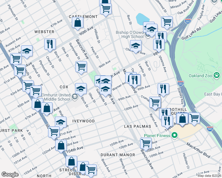 map of restaurants, bars, coffee shops, grocery stores, and more near 2227 Warner Avenue in Oakland