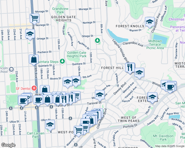 map of restaurants, bars, coffee shops, grocery stores, and more near 2245 9th Avenue in San Francisco