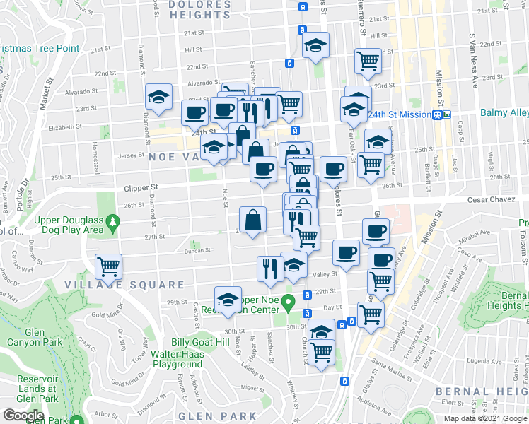 map of restaurants, bars, coffee shops, grocery stores, and more near Cesar Chavez Street & Sanchez Street in San Francisco