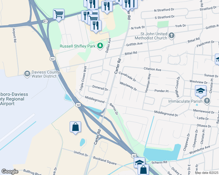 map of restaurants, bars, coffee shops, grocery stores, and more near 2360 Carter Road in Owensboro
