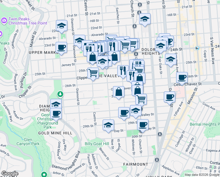 map of restaurants, bars, coffee shops, grocery stores, and more near 1345 Noe Street in San Francisco