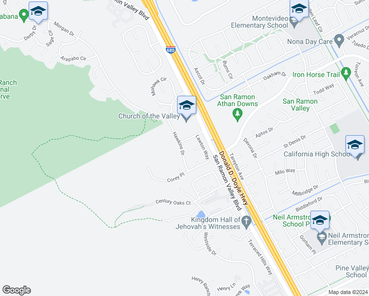 map of restaurants, bars, coffee shops, grocery stores, and more near 12940 Hawkins Drive in San Ramon