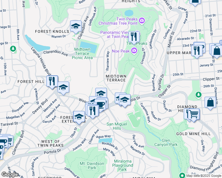 map of restaurants, bars, coffee shops, grocery stores, and more near 100 Panorama Drive in San Francisco