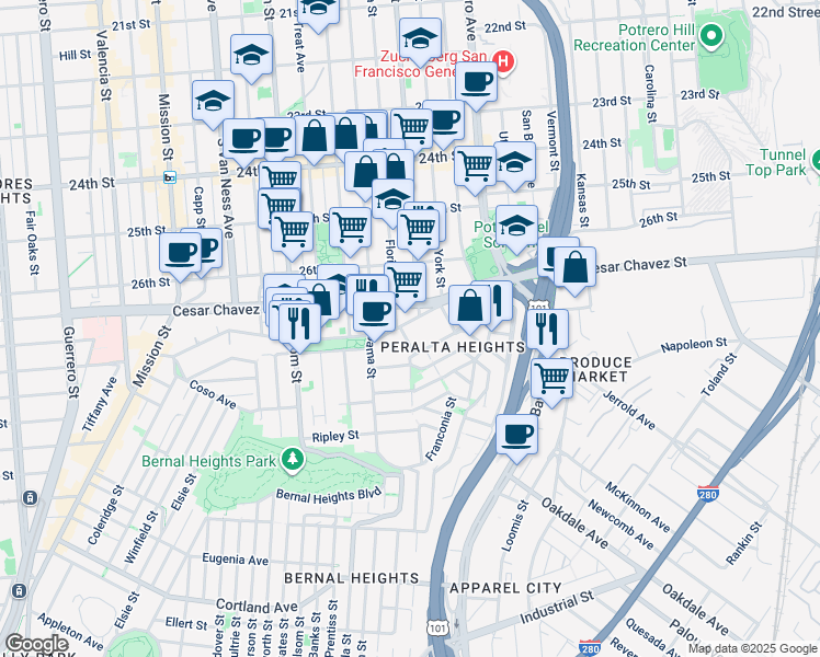 map of restaurants, bars, coffee shops, grocery stores, and more near 612 Precita Avenue in San Francisco