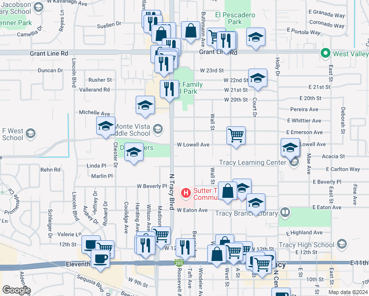 map of restaurants, bars, coffee shops, grocery stores, and more near 536 West Lowell Avenue in Tracy