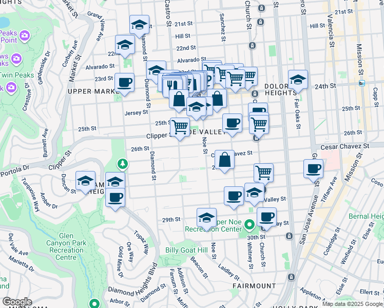 map of restaurants, bars, coffee shops, grocery stores, and more near 4182 Cesar Chavez in San Francisco