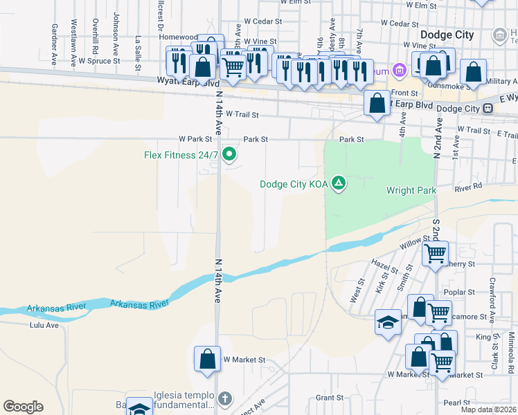 map of restaurants, bars, coffee shops, grocery stores, and more near 55 Cottonwood Avenue in Dodge City