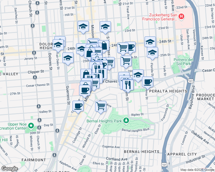 map of restaurants, bars, coffee shops, grocery stores, and more near 187 Precita Avenue in San Francisco