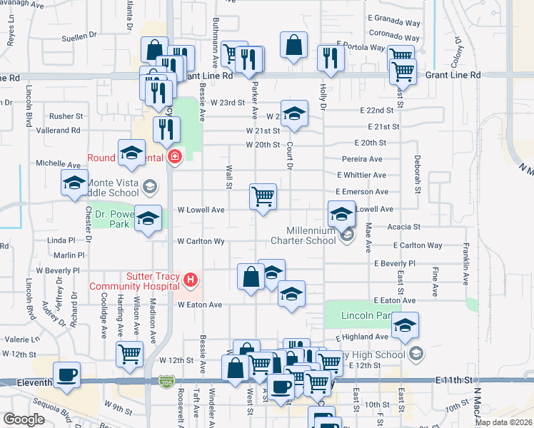 map of restaurants, bars, coffee shops, grocery stores, and more near 262 West Lowell Avenue in Tracy