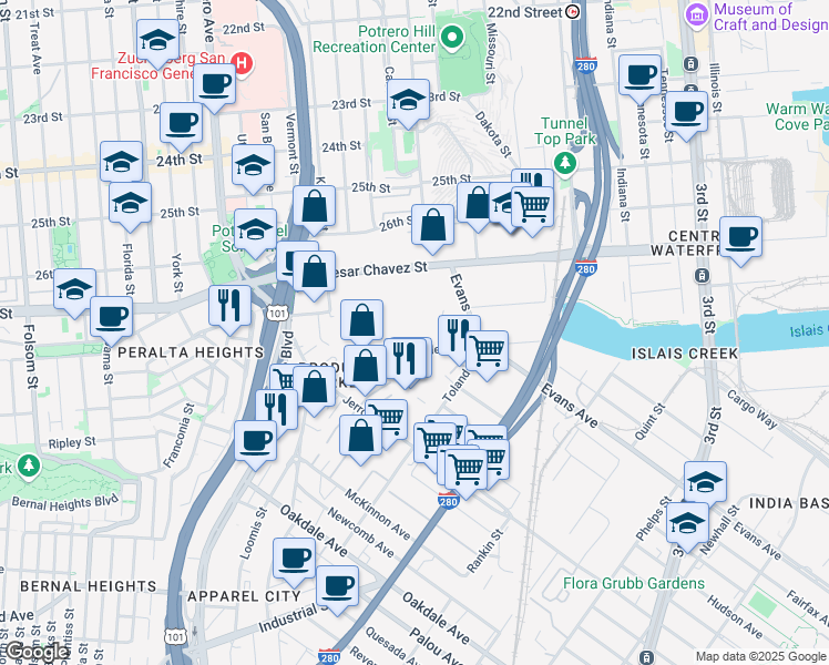 map of restaurants, bars, coffee shops, grocery stores, and more near 180 Napoleon Street in San Francisco