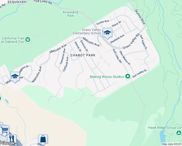 map of restaurants, bars, coffee shops, grocery stores, and more near 11205 Ettrick St in Oakland