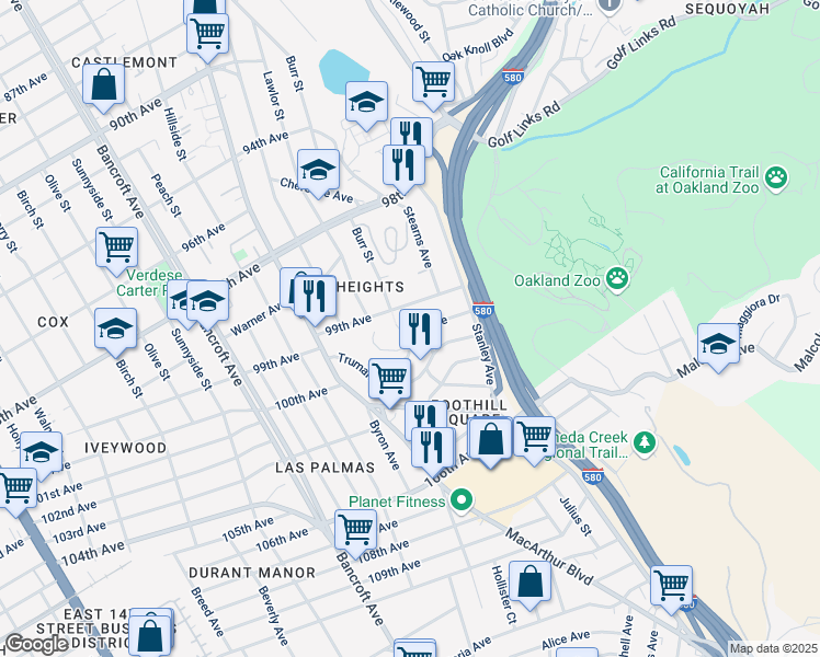 map of restaurants, bars, coffee shops, grocery stores, and more near 9935 Burr Street in Oakland