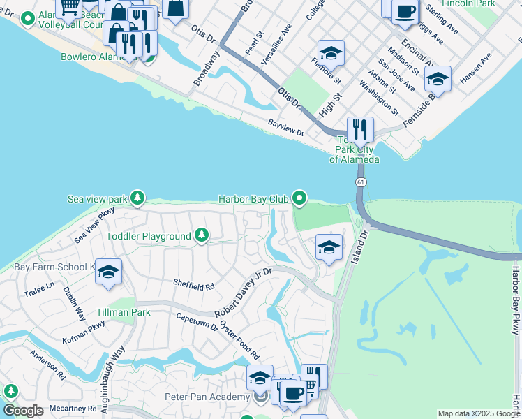 map of restaurants, bars, coffee shops, grocery stores, and more near 70 Bay Park Terrace in Alameda
