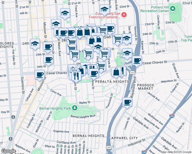map of restaurants, bars, coffee shops, grocery stores, and more near in San Francisco