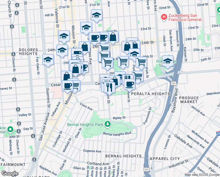 map of restaurants, bars, coffee shops, grocery stores, and more near 3147 Folsom Street in San Francisco