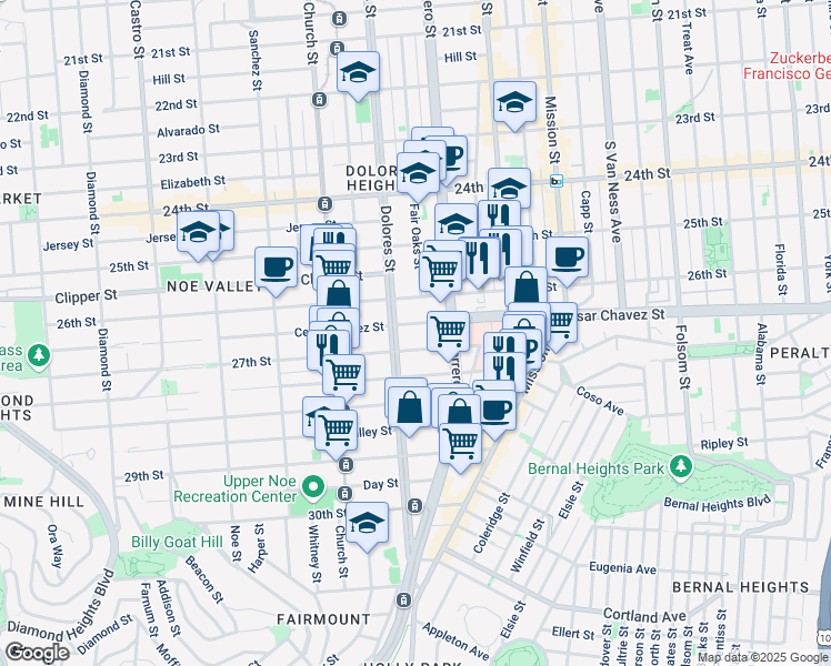 map of restaurants, bars, coffee shops, grocery stores, and more near 3771 Cesar Chavez in San Francisco