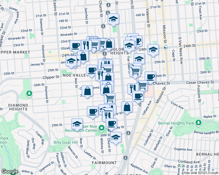map of restaurants, bars, coffee shops, grocery stores, and more near 1459 Church Street in San Francisco
