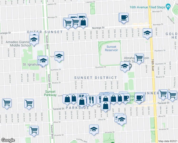 map of restaurants, bars, coffee shops, grocery stores, and more near 2131 29th Avenue in San Francisco