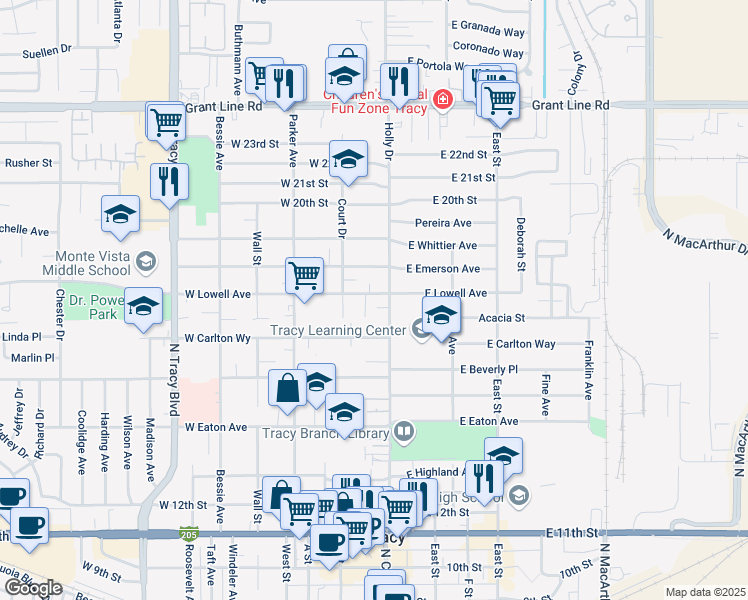 map of restaurants, bars, coffee shops, grocery stores, and more near 16 W Lowell Ave in Tracy