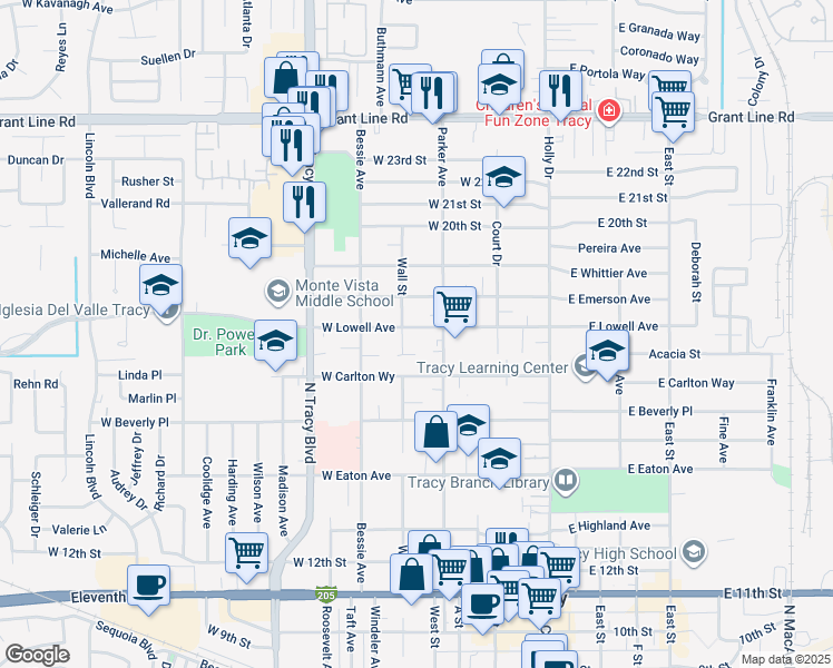 map of restaurants, bars, coffee shops, grocery stores, and more near 344 West Lowell Avenue in Tracy