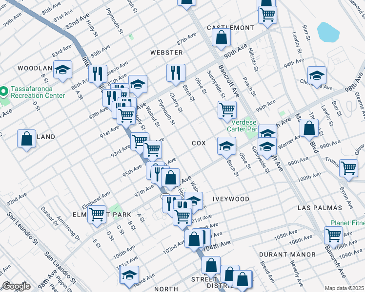 map of restaurants, bars, coffee shops, grocery stores, and more near 9515 Plymouth Street in Oakland