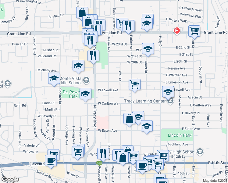 map of restaurants, bars, coffee shops, grocery stores, and more near 440 West Lowell Avenue in Tracy