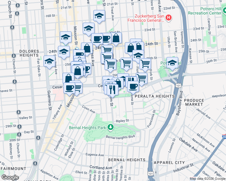 map of restaurants, bars, coffee shops, grocery stores, and more near 3147 Folsom Street in San Francisco