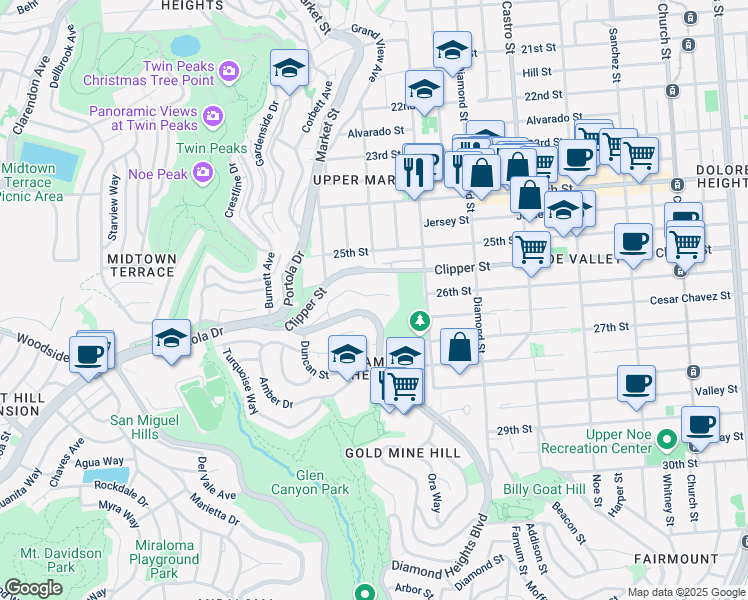 map of restaurants, bars, coffee shops, grocery stores, and more near 180 Carnelian Way in San Francisco