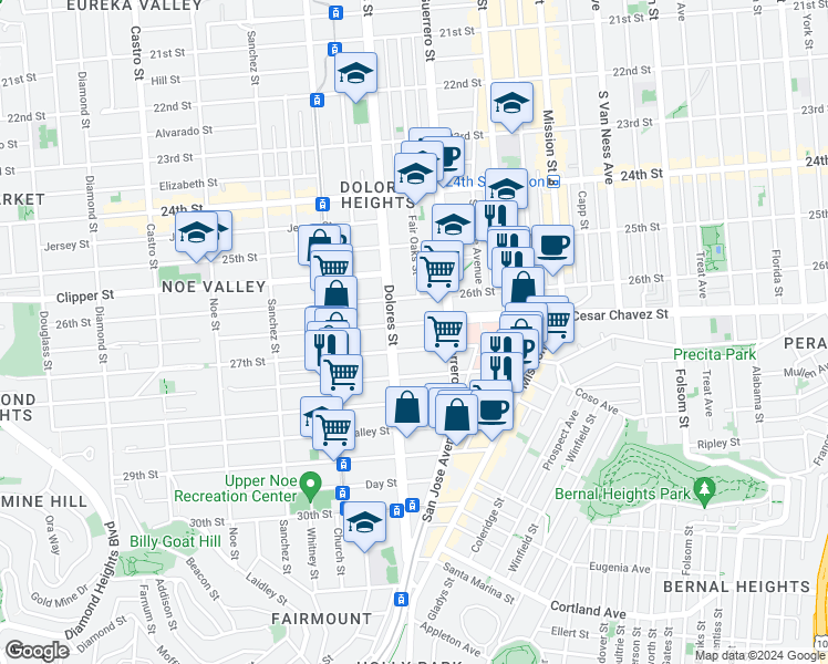 map of restaurants, bars, coffee shops, grocery stores, and more near 3771 Cesar Chavez in San Francisco