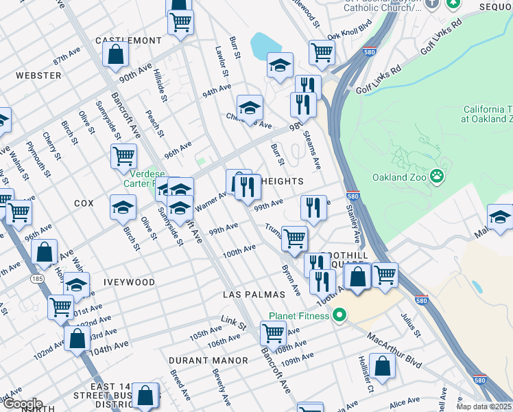 map of restaurants, bars, coffee shops, grocery stores, and more near 2473 99th Avenue in Oakland