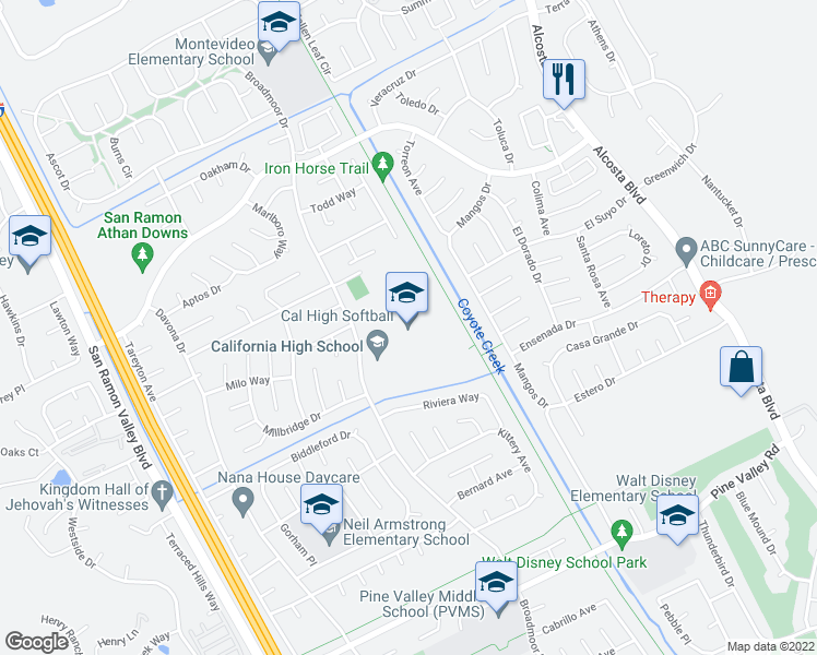 map of restaurants, bars, coffee shops, grocery stores, and more near 9870 Broadmoor Drive in San Ramon